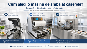Ghid complet despre alegerea unei mașini de ambalat caserole: manuală, semiautomată sau automată, cu sigilare simplă, vacuum sau atmosferă protectoare